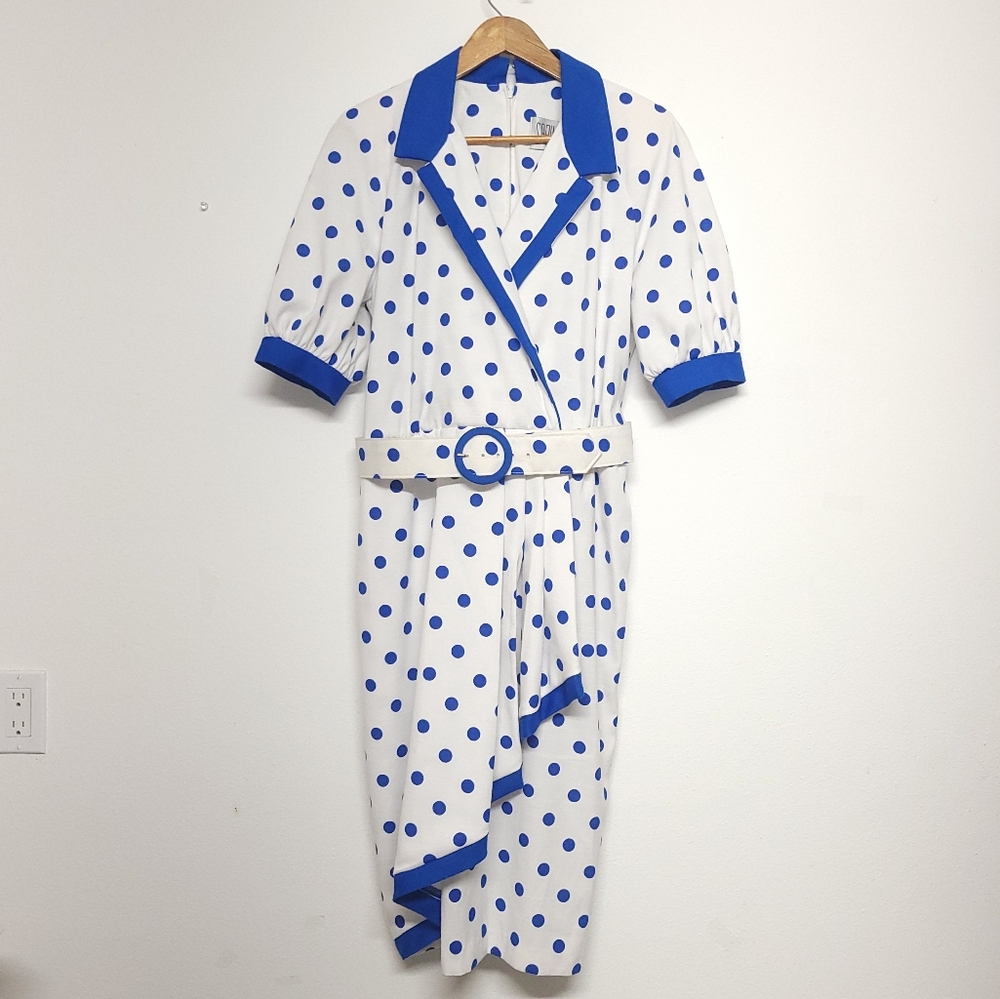 Sabino Vintage 70s Asymmetrical Polka Dot Dress - Blue and White